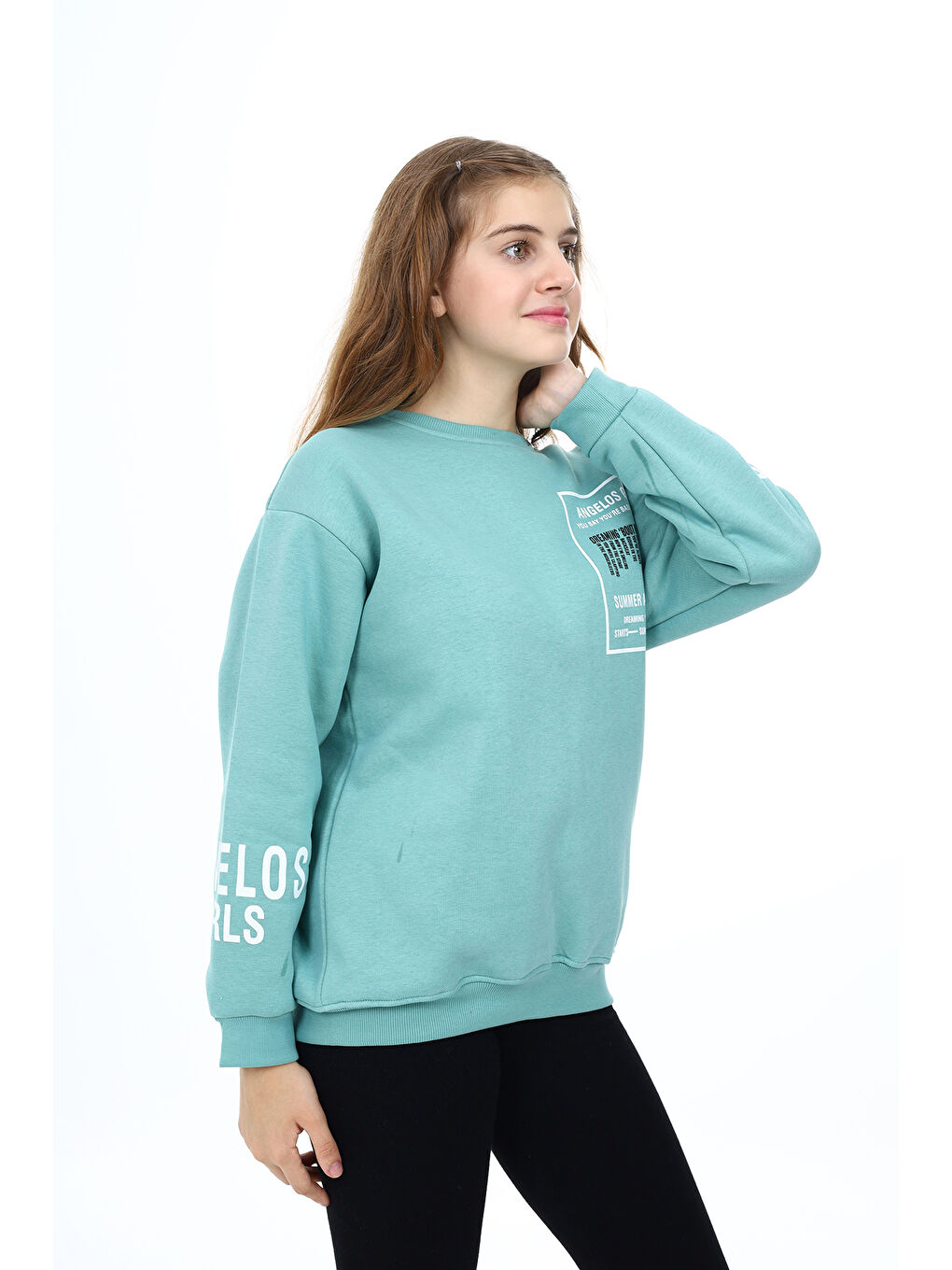 angelos Turkuaz Kız Çocuk Yaka ve Bilek Baskılı 3 İplik Sweatshirt Px492.4 - 2