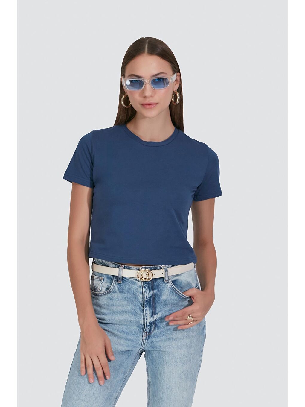 Kahverengi Bisiklet Yaka Kısa Kol 2'li Crop T-Shirt 956 Kiremit/İndigo-1