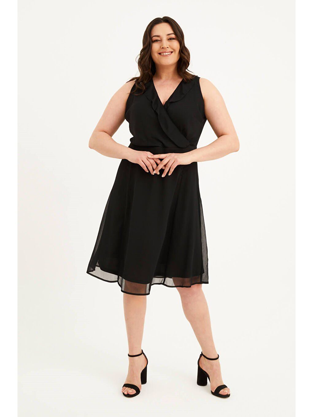 Siyah Çapraz Biyeli Astarlı Şifon Elbise