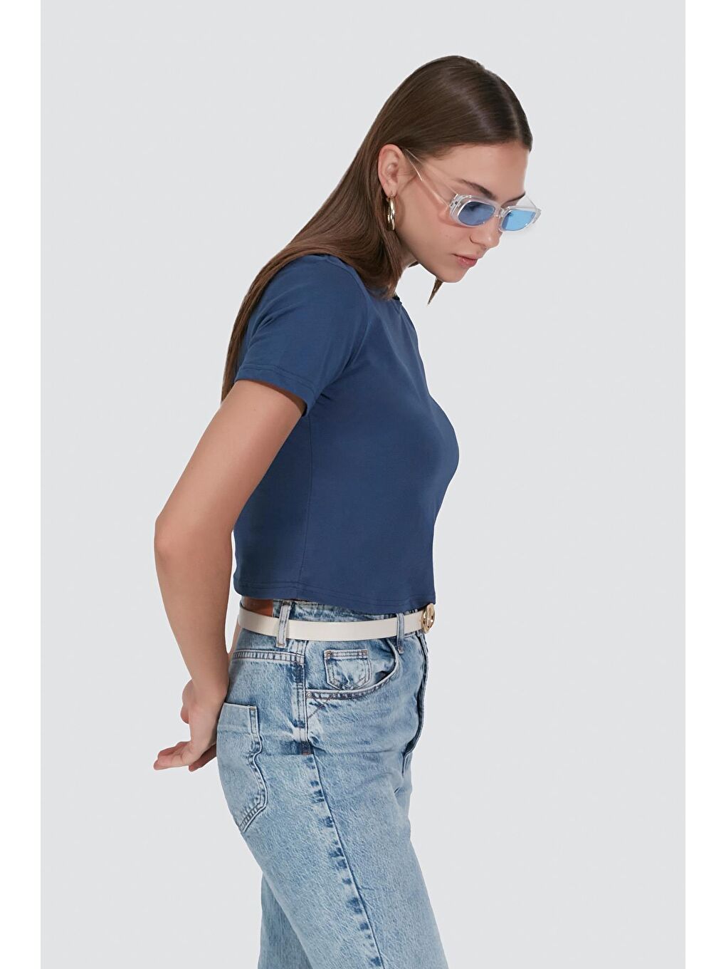 Kahverengi Bisiklet Yaka Kısa Kol 2'li Crop T-Shirt 956 Kiremit/İndigo-3