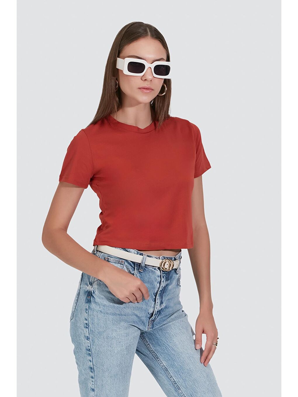 Kahverengi Bisiklet Yaka Kısa Kol 2'li Crop T-Shirt 956 Kiremit/İndigo-4