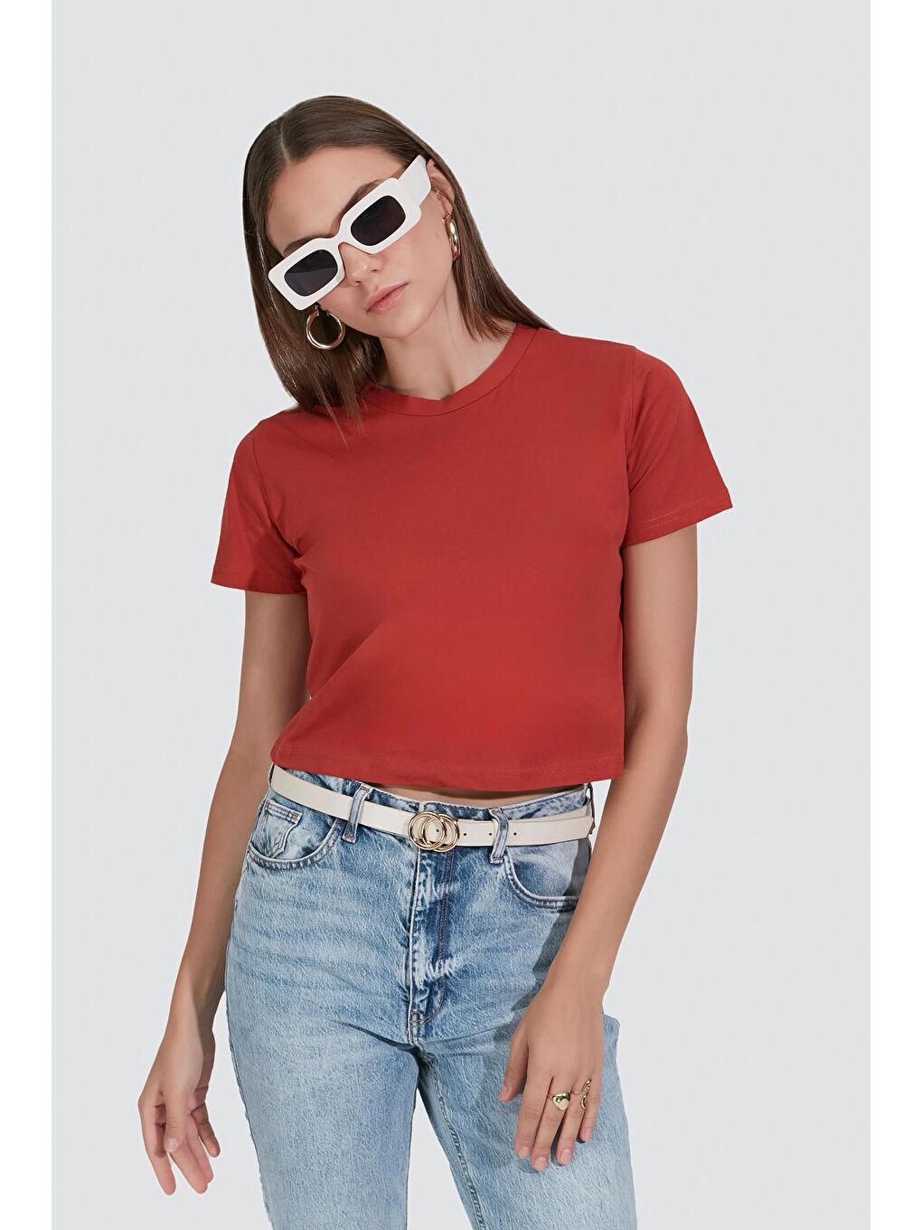 Kahverengi Bisiklet Yaka Kısa Kol 2'li Crop T-Shirt 956 Kiremit/İndigo-5