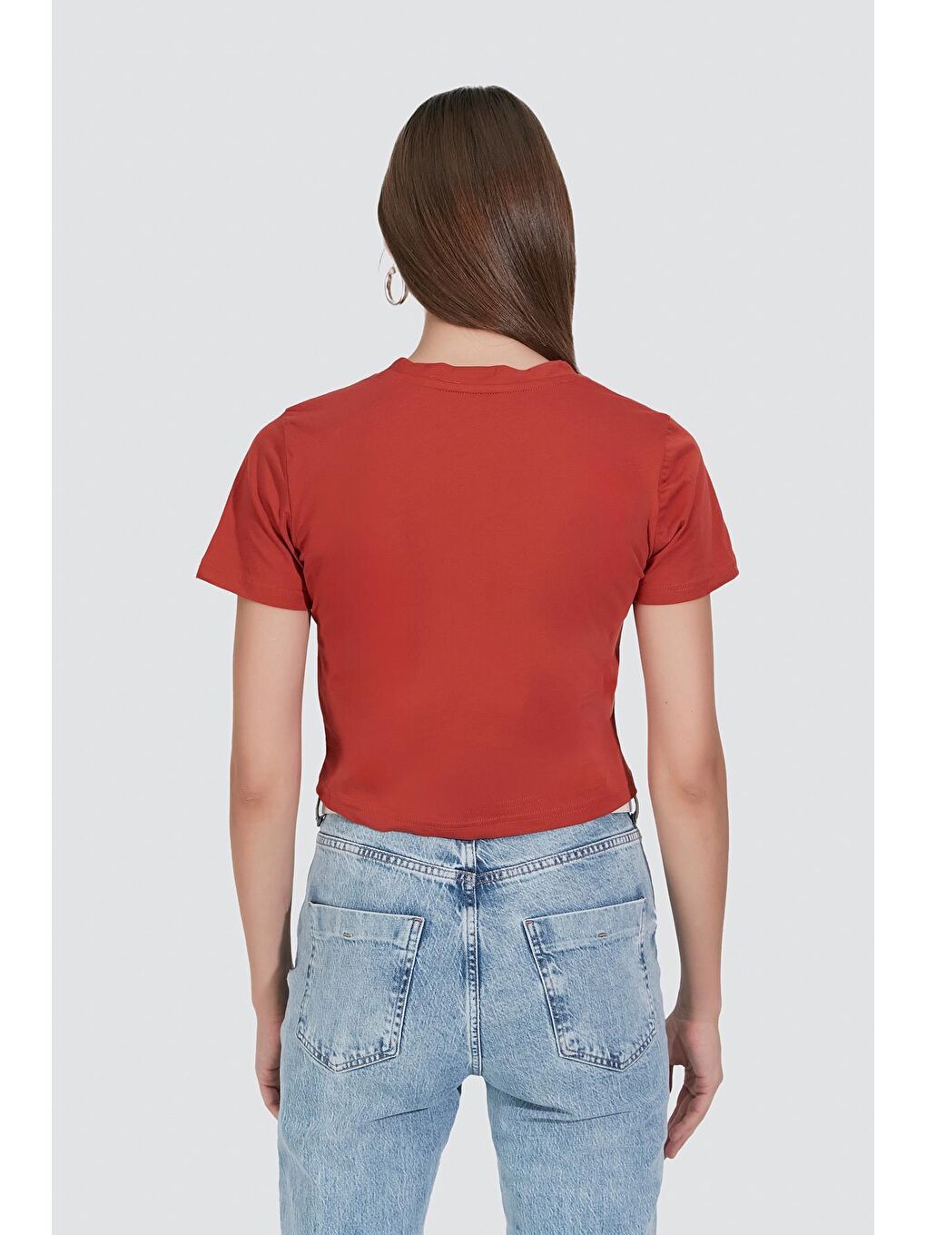 Kahverengi Bisiklet Yaka Kısa Kol 2'li Crop T-Shirt 956 Kiremit/İndigo-6