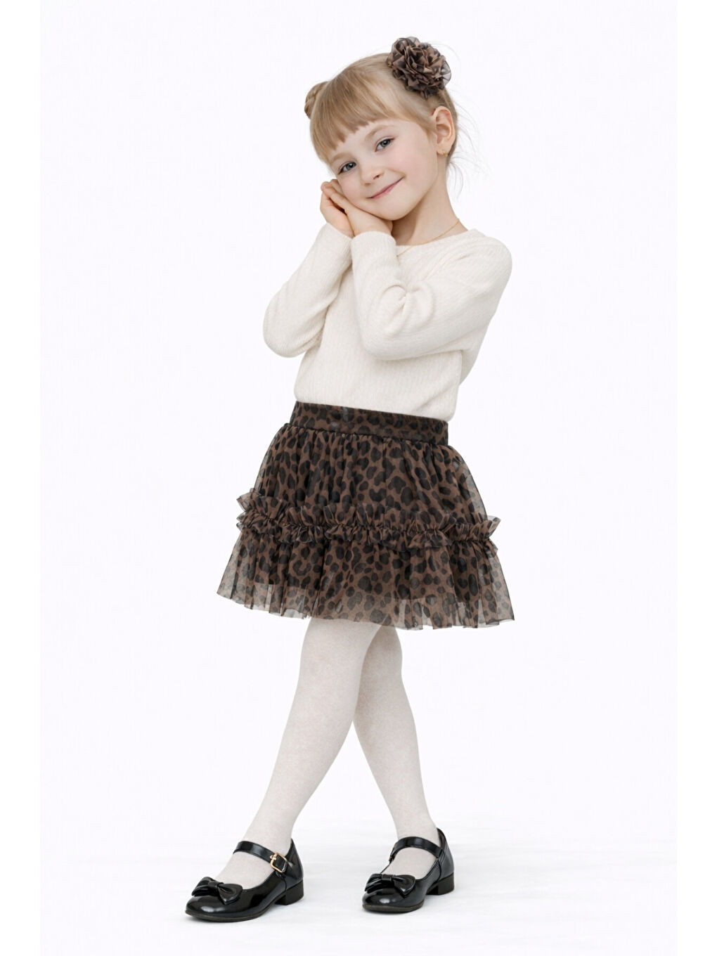 Ekru Kız Çocuk Leopar Desenli Badili 2 Parça Alt-Üst Takım Ak2608-1