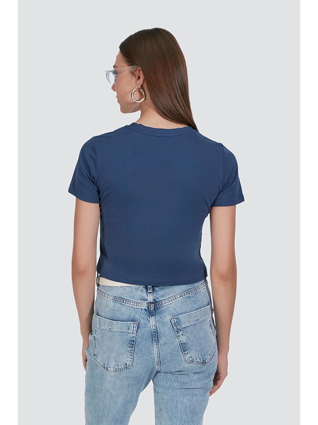 Kahverengi Bisiklet Yaka Kısa Kol 2'li Crop T-Shirt 956 Kiremit/İndigo-7