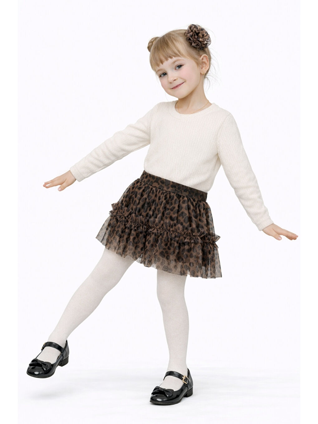 Ekru Kız Çocuk Leopar Desenli Badili 2 Parça Alt-Üst Takım Ak2608-2