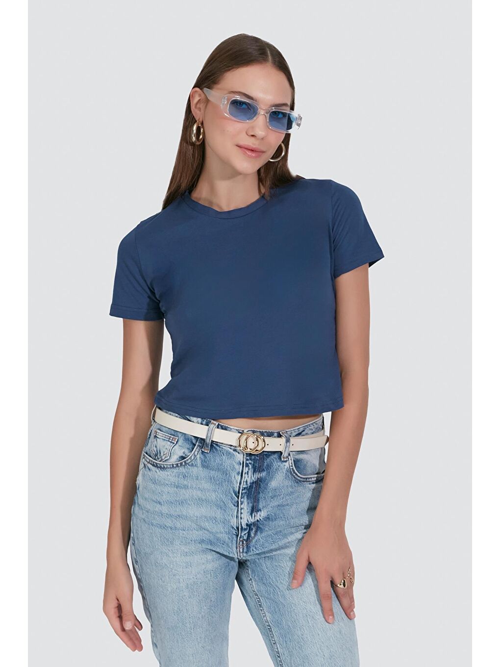 Kahverengi Bisiklet Yaka Kısa Kol 2'li Crop T-Shirt 956 Kiremit/İndigo-8