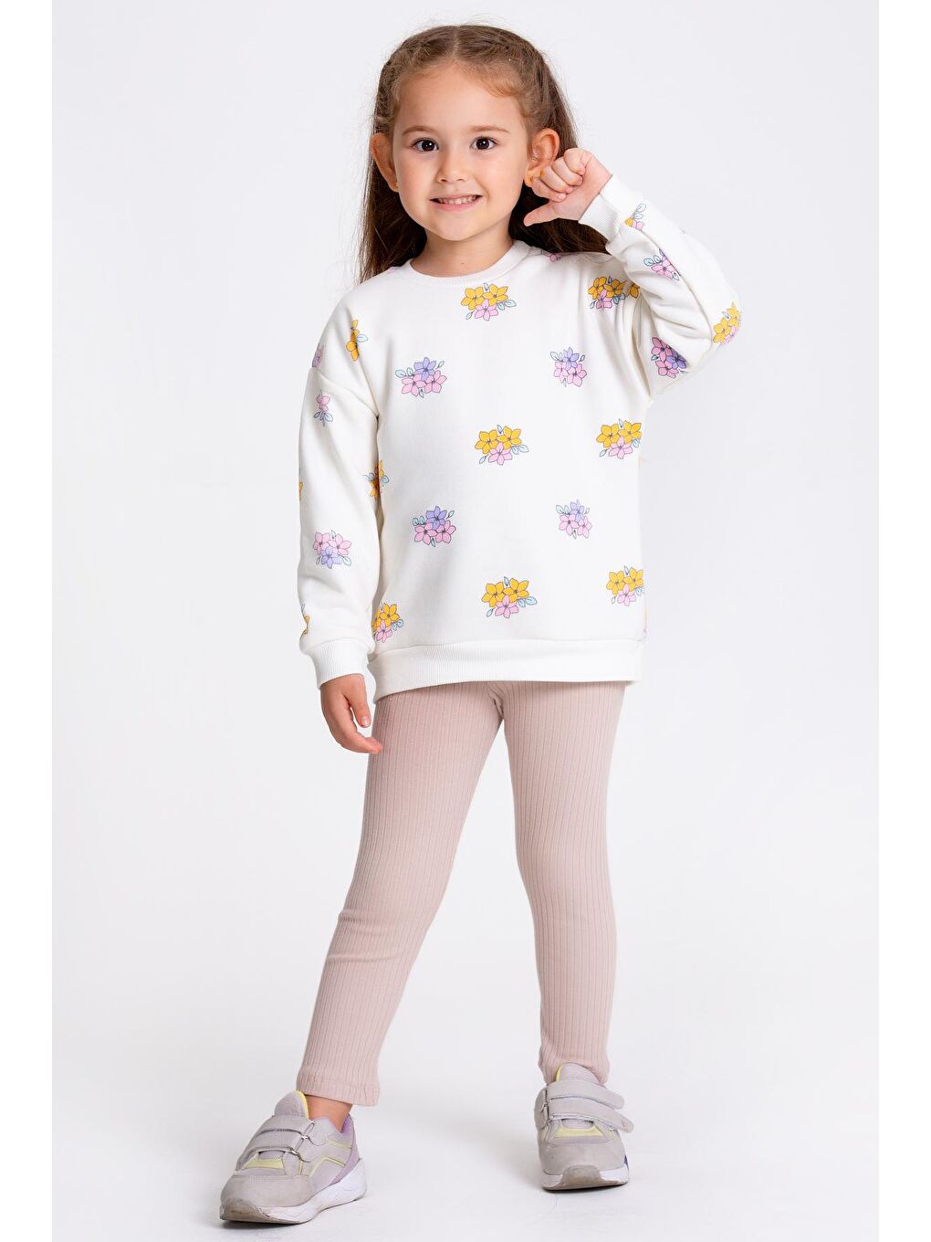Kız Çocuk Bej Çiçek Desenli 1-5 Yaş Takım - 23290-1