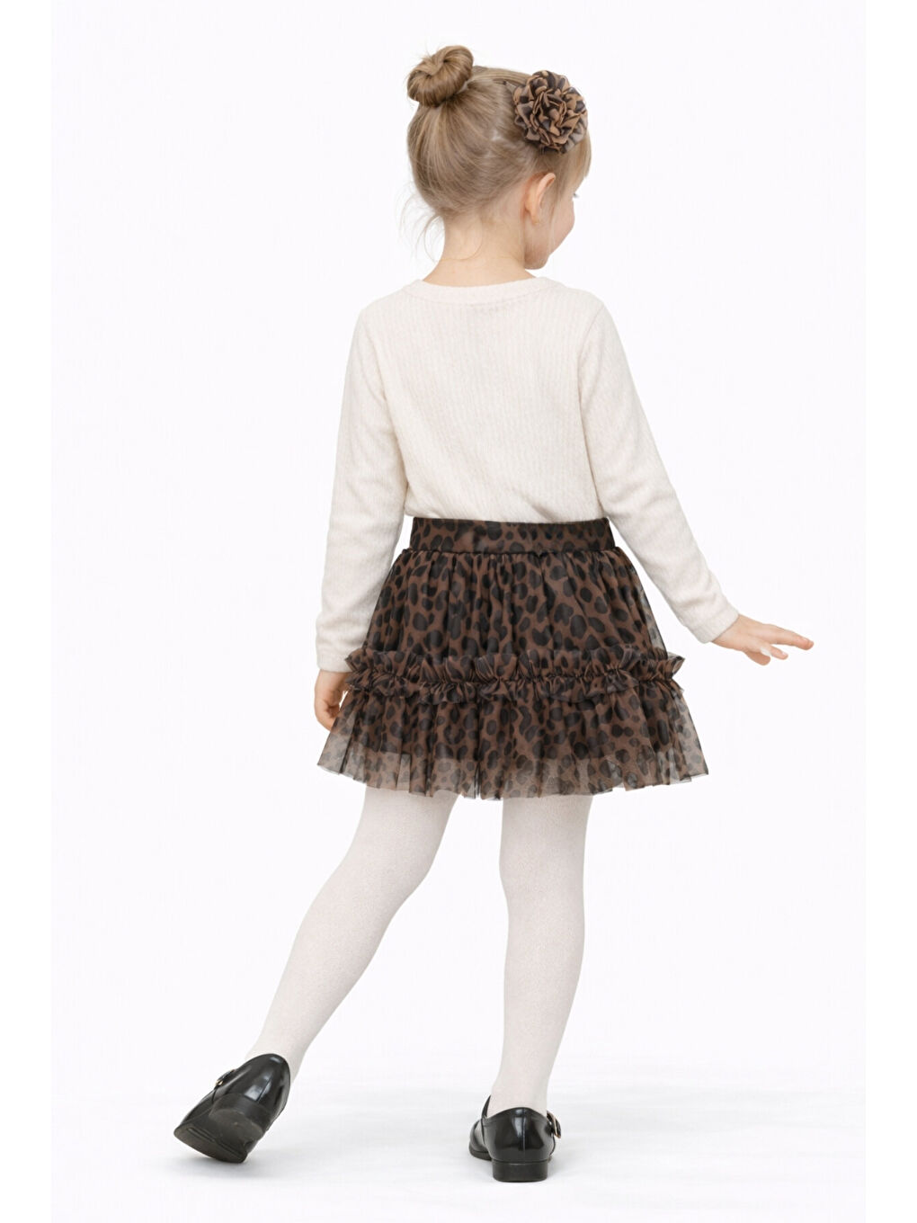 Ekru Kız Çocuk Leopar Desenli Badili 2 Parça Alt-Üst Takım Ak2608-3