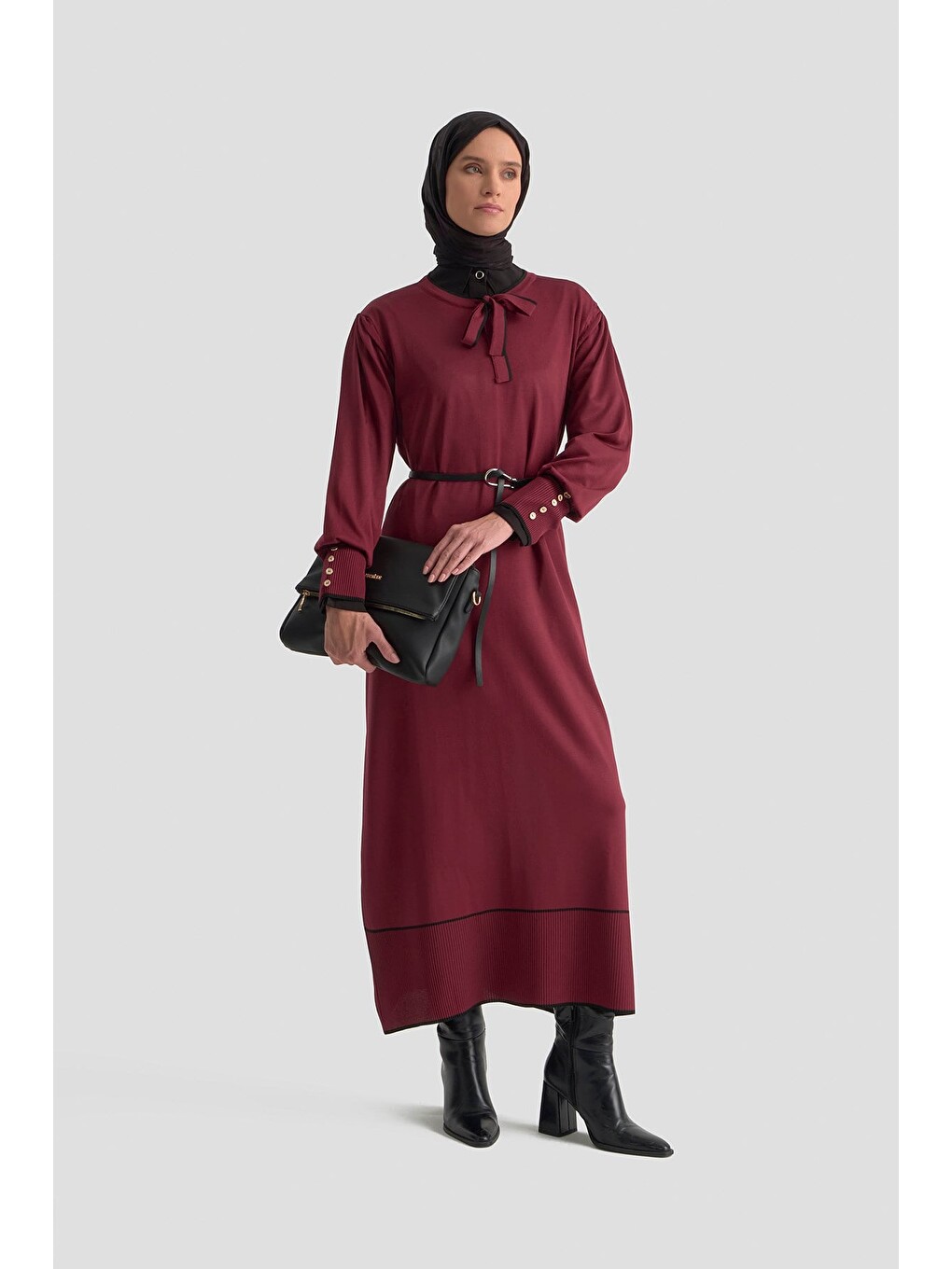 Fularlı Triko Elbise Bordo