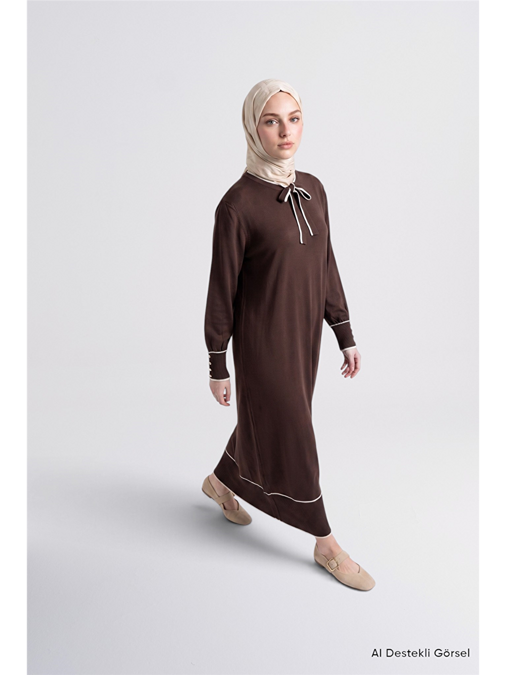 Kahverengi Fularlı Triko Elbise Acı Kahve-2
