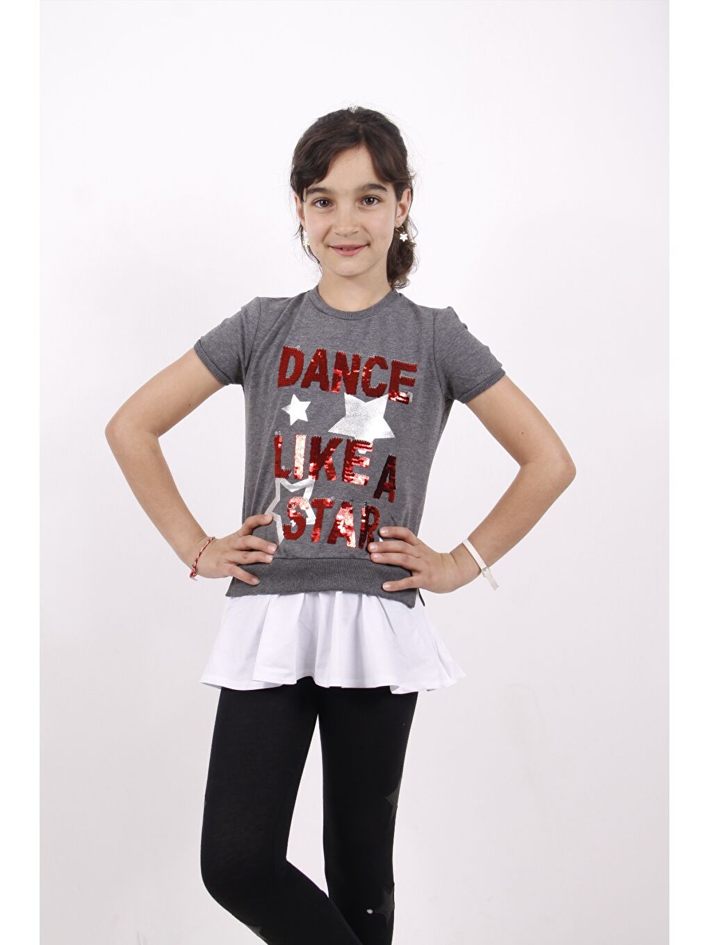 Toontoykids Antrasit Kız Çocuk Dance Pul Nakışlı Tişört