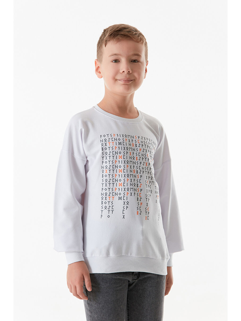 Beyaz Baskılı Bisiklet Yaka Erkek Çocuk Sweatshirt