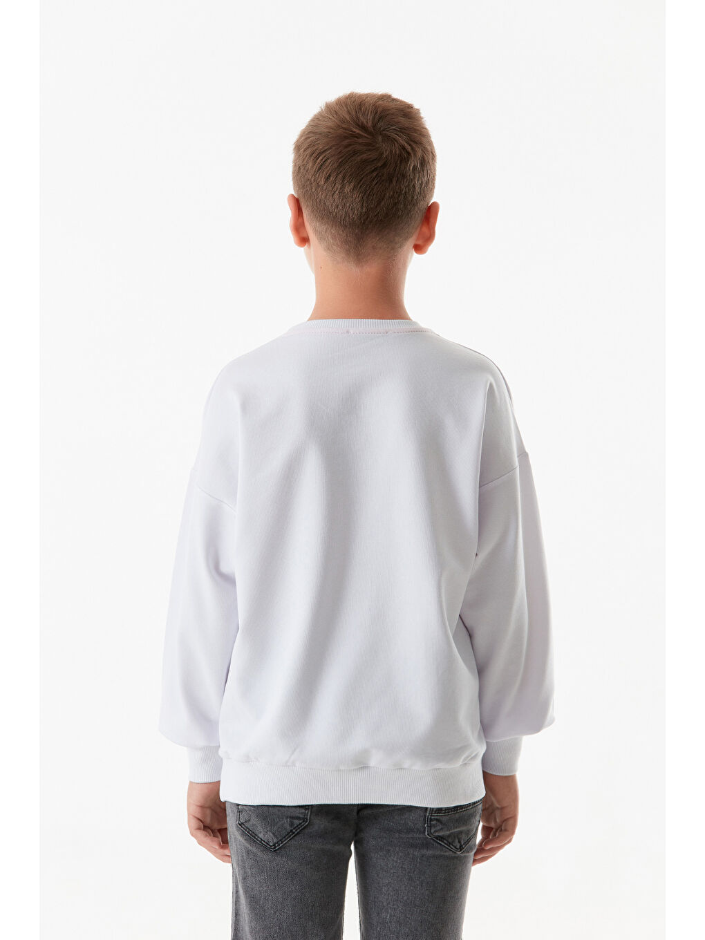 Beyaz Baskılı Bisiklet Yaka Erkek Çocuk Sweatshirt-2