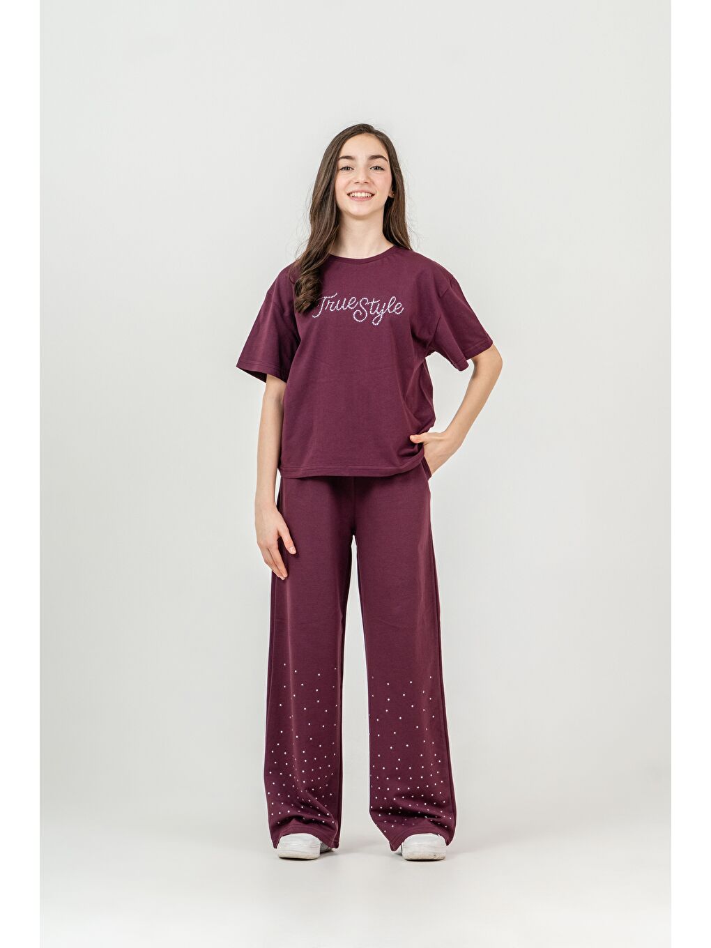 Kırmızı True Style Taş Baskılı Alt Çift Paça Taş Baskılı Kız Çocuk Alt Üst Eşofman Takımı