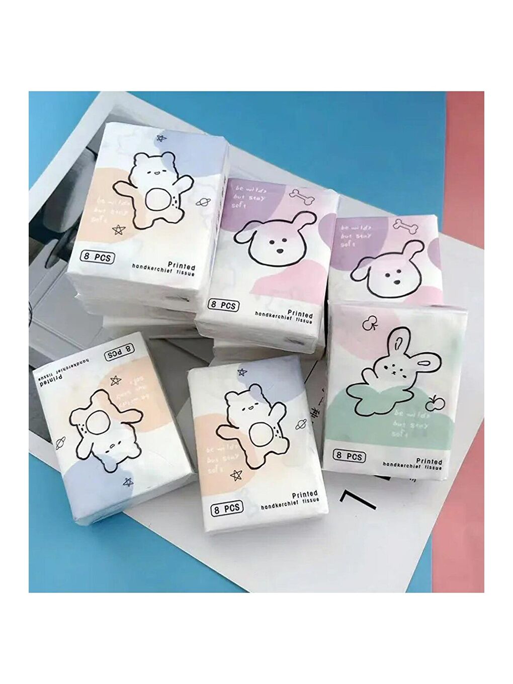 Çizgi Hayvan Figürlü Mini Cep Mendili 9 lu Set