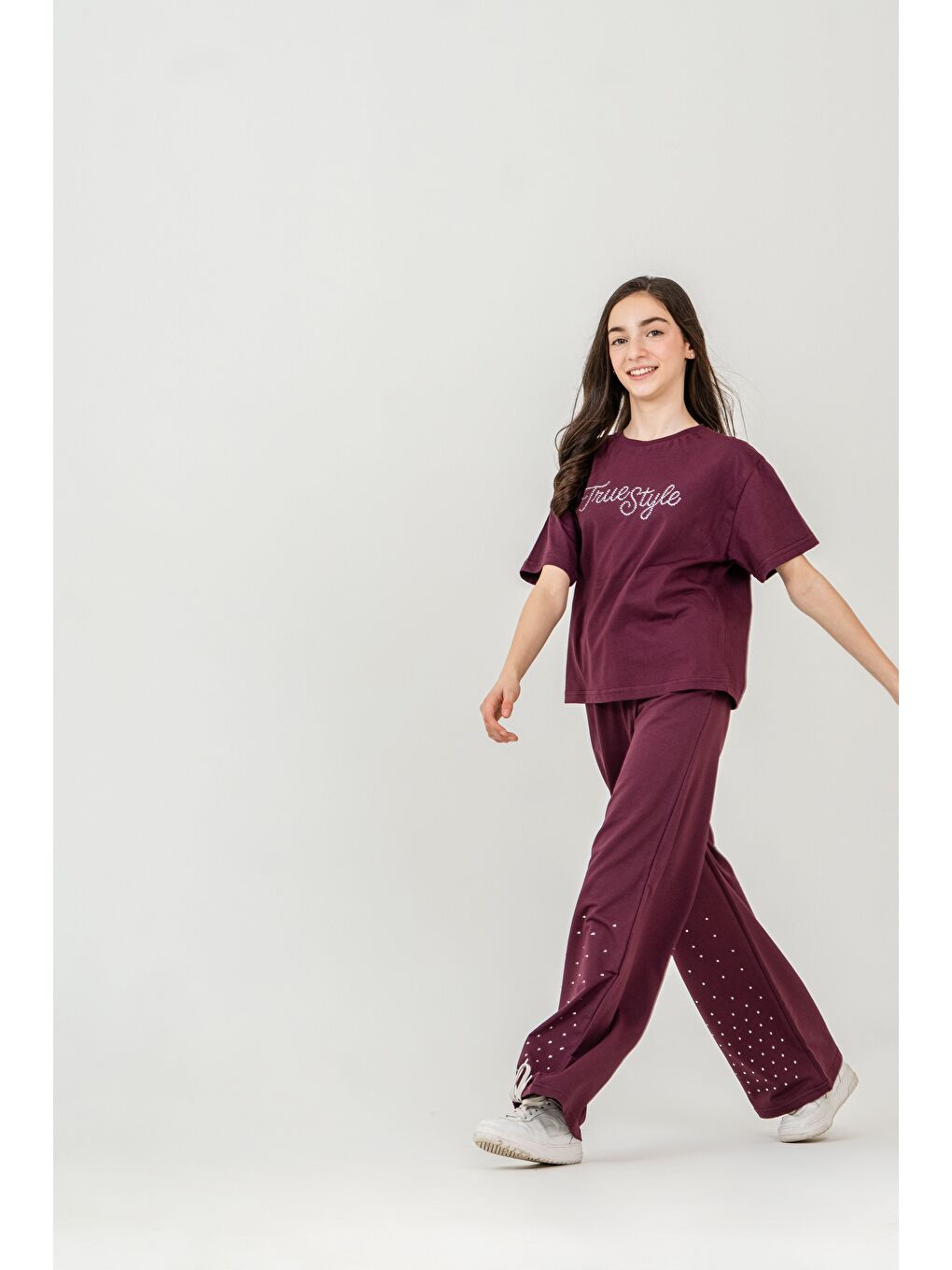 Kırmızı True Style Taş Baskılı Alt Çift Paça Taş Baskılı Kız Çocuk Alt Üst Eşofman Takımı-1