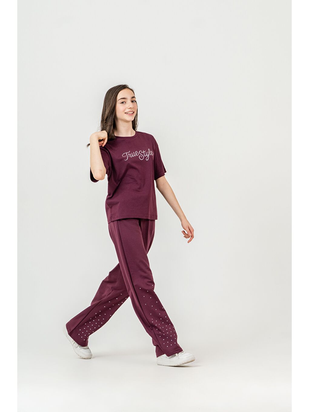 Kırmızı True Style Taş Baskılı Alt Çift Paça Taş Baskılı Kız Çocuk Alt Üst Eşofman Takımı-2