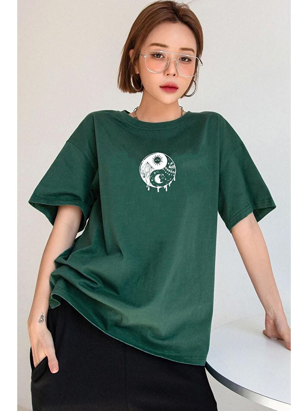 uyguntarz Yeşil Unisex Yin & Yang Baskılı T-shirt