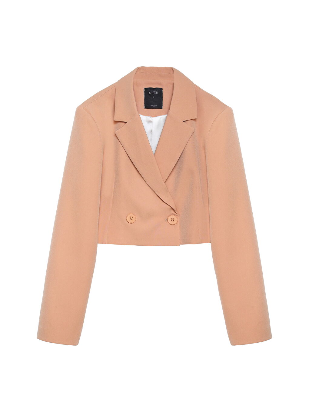 QUZU Kahverengi Kruvaze Crop Blazer Ceket Camel