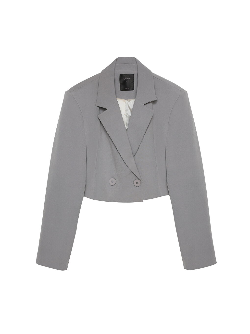 QUZU Kruvaze Crop Blazer Ceket Gri