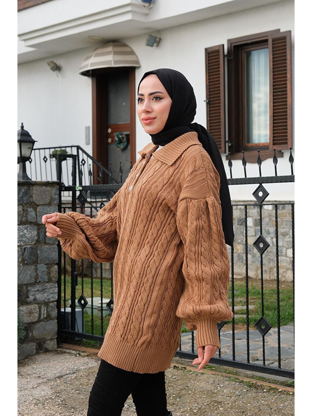 Bej Taş Düğme Detay Örgülü Kazak Vizon-4