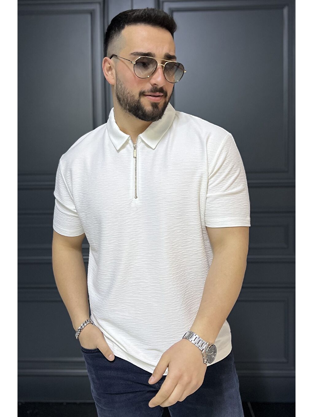 Ekru Erkek Polo Yaka Yarım Fermuarlı Tişört