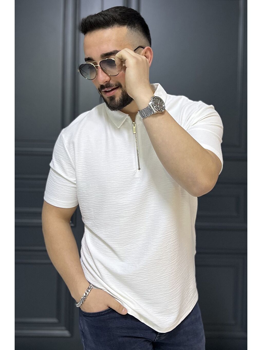 Ekru Erkek Polo Yaka Yarım Fermuarlı Tişört-1
