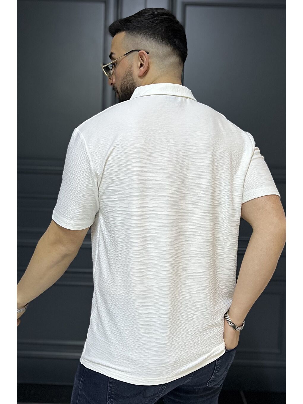 Ekru Erkek Polo Yaka Yarım Fermuarlı Tişört-2