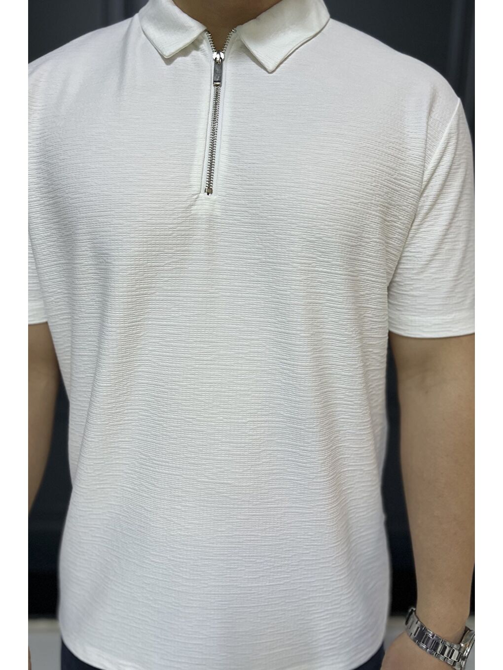 Ekru Erkek Polo Yaka Yarım Fermuarlı Tişört-3