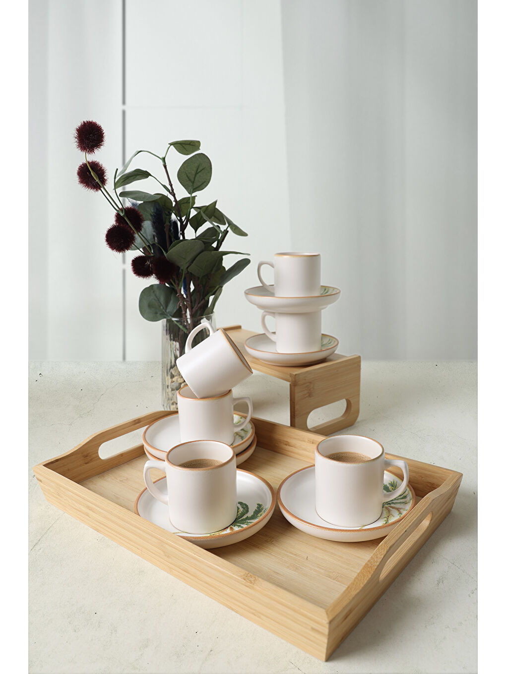 Karışık Bronze Palmiye Nordic Kahve Takımı 12 Parça 6 Kişilik-1