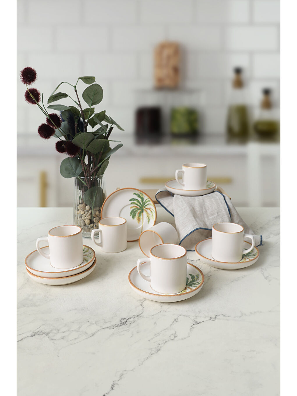 Karışık Bronze Palmiye Nordic Kahve Takımı 12 Parça 6 Kişilik-2