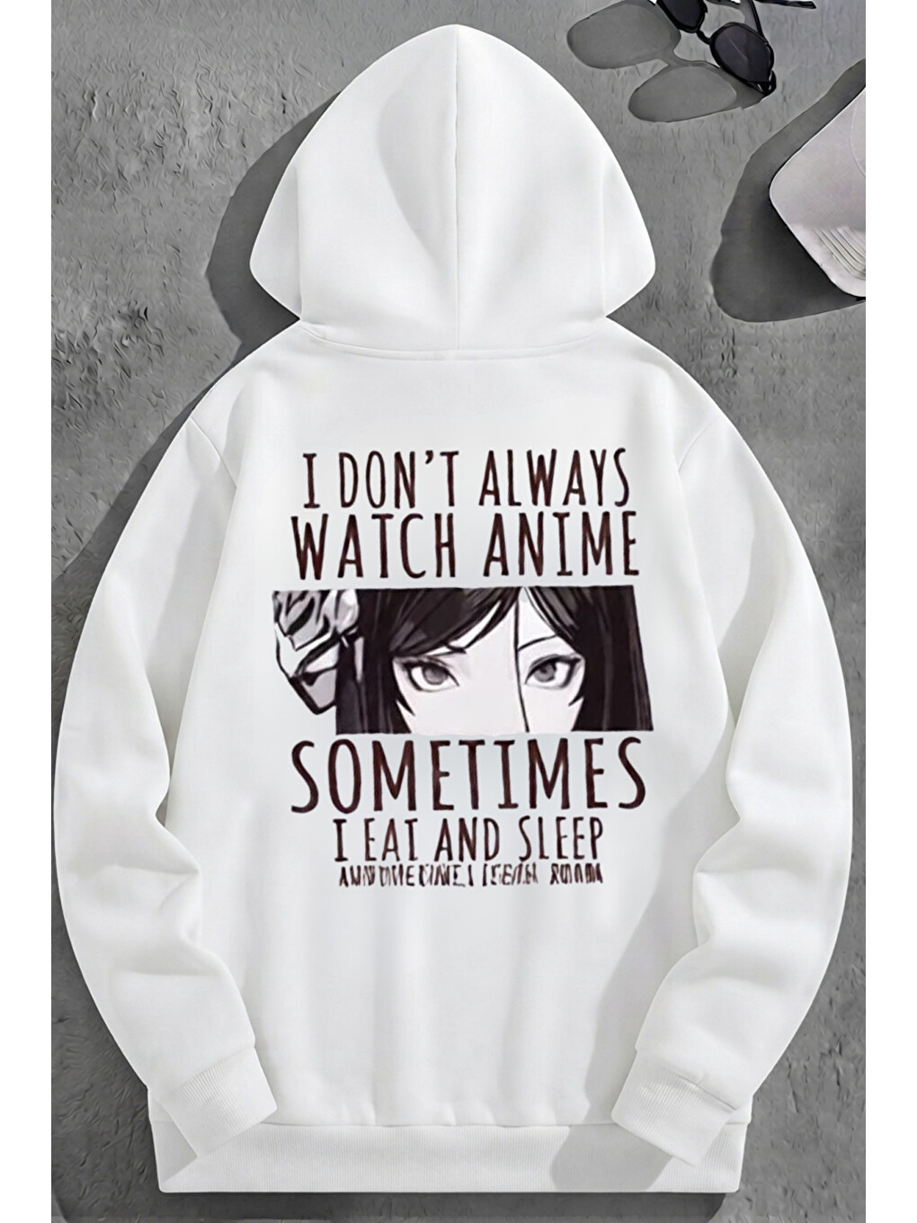 Unisex 3 İplik Pamuklu Beyaz Sometimesanime Baskı Bol Kalıp Sweatshirt Hoodie
