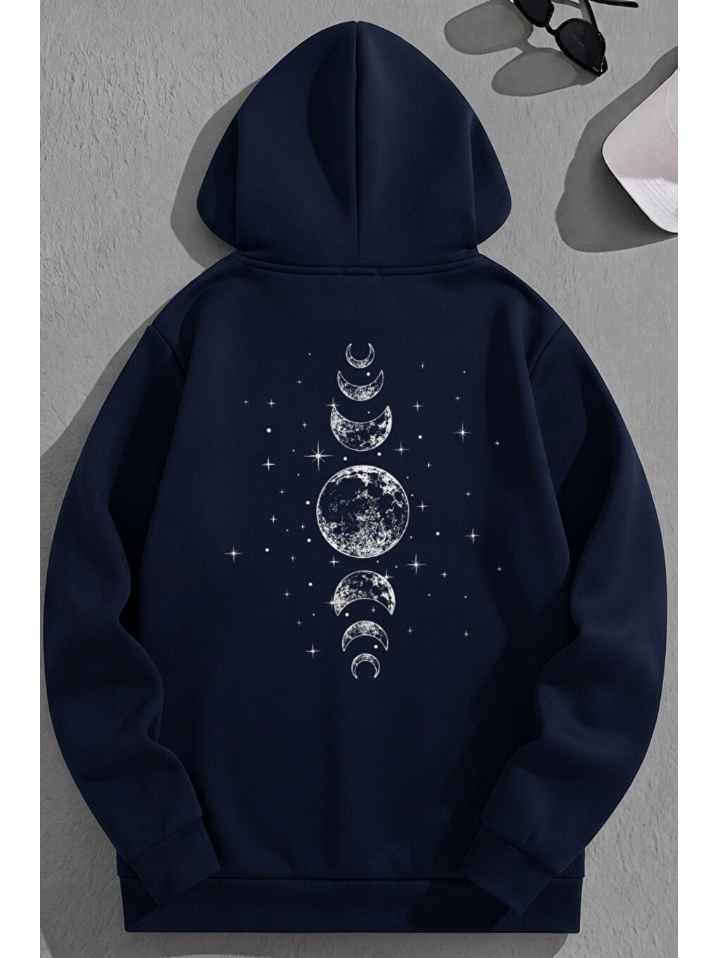 Unisex 3 İplik Pamuklu Lacivert Ayevreler Baskı Bol Kalıp Sweatshirt Hoodie