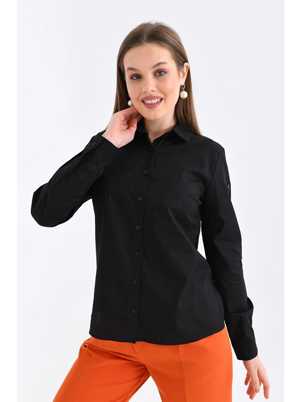 Kadın Siyah Basic Dokuma Gömlek-1