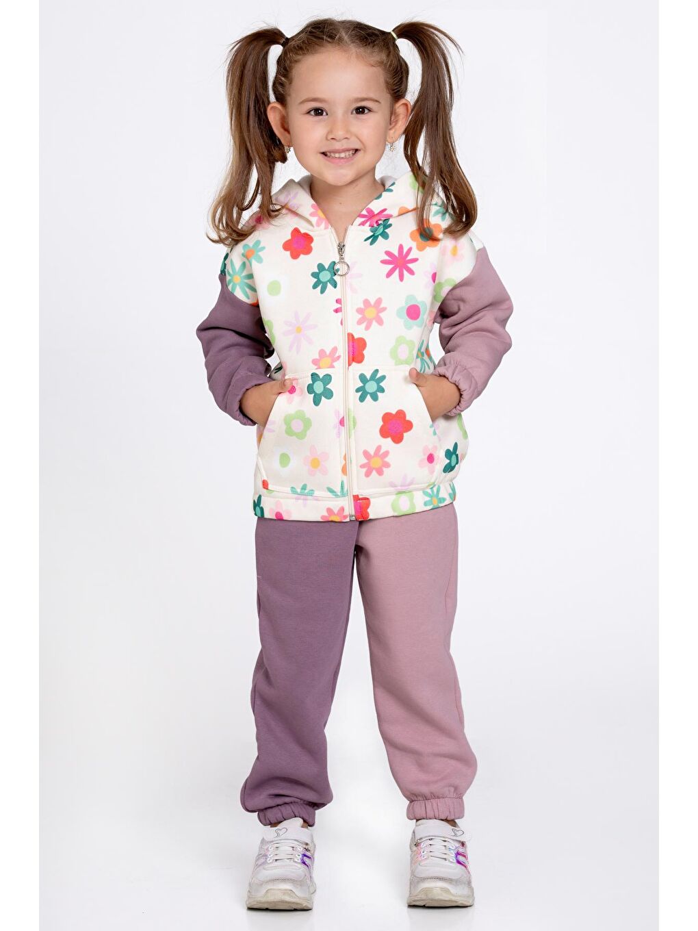 Kız Çocuk Mürdüm Çiçek Desenli 1-5 Yaş Takım - 23247-3