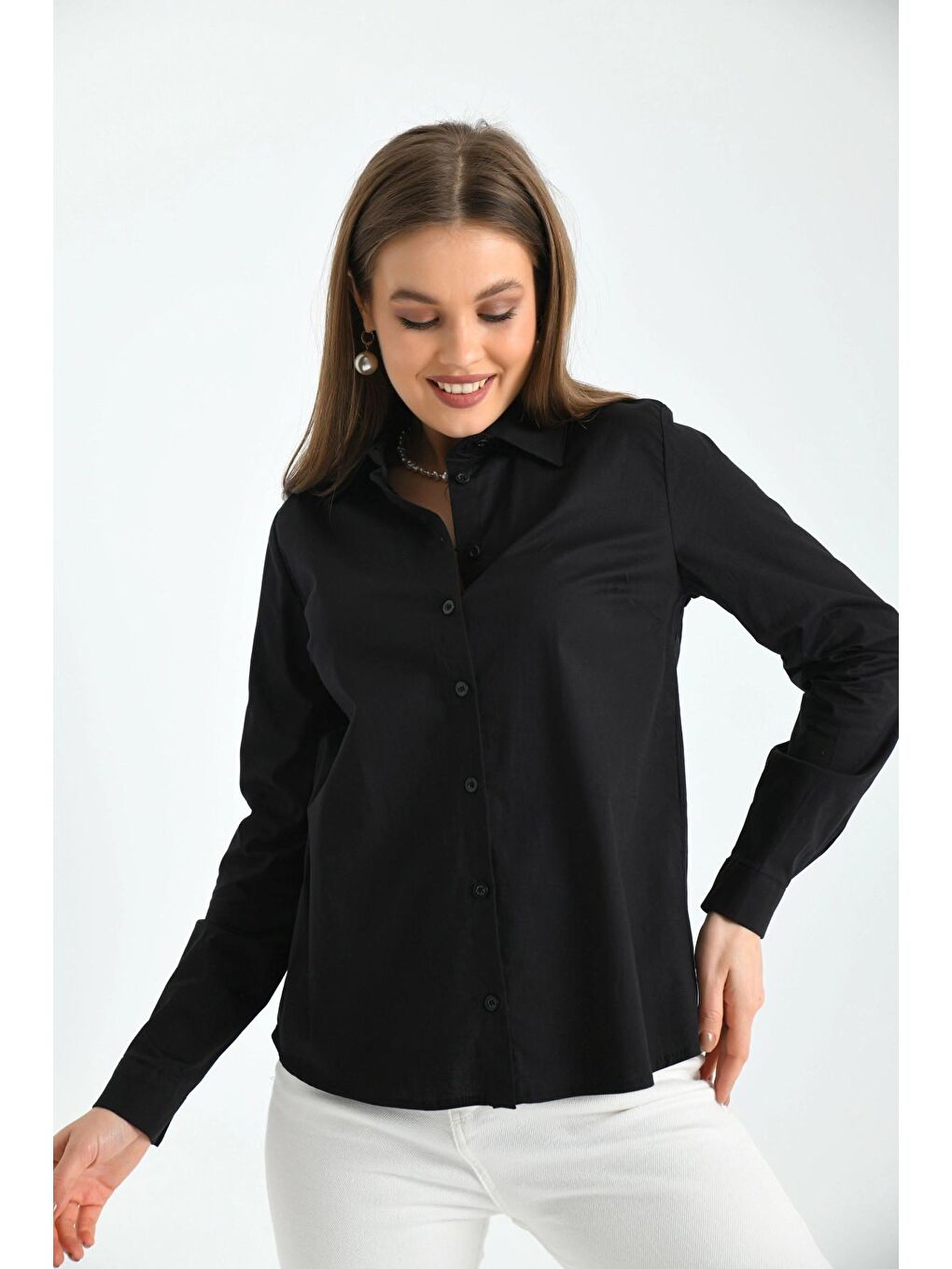 Kadın Siyah Basic Dokuma Gömlek-2