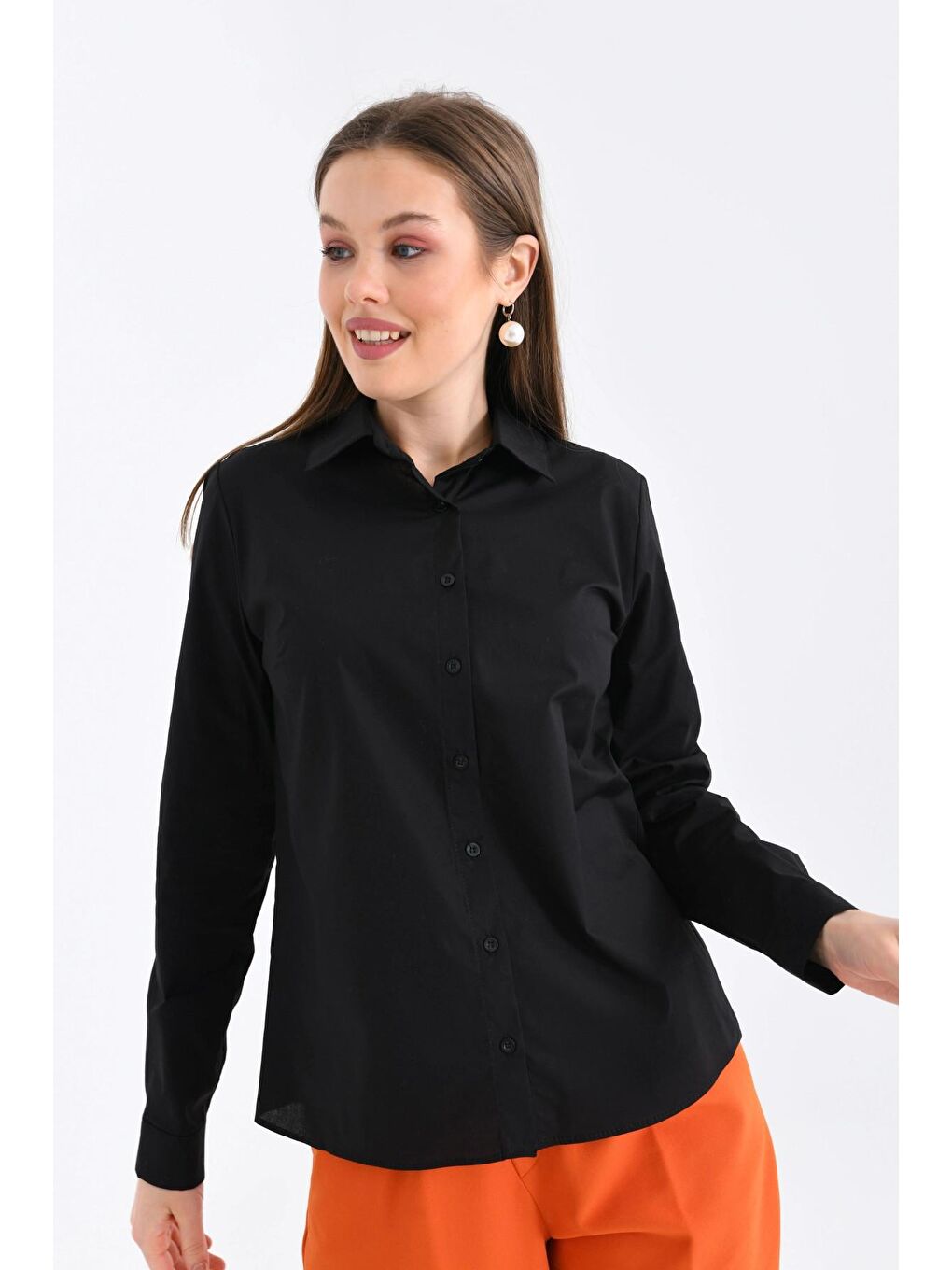 Kadın Siyah Basic Dokuma Gömlek-3