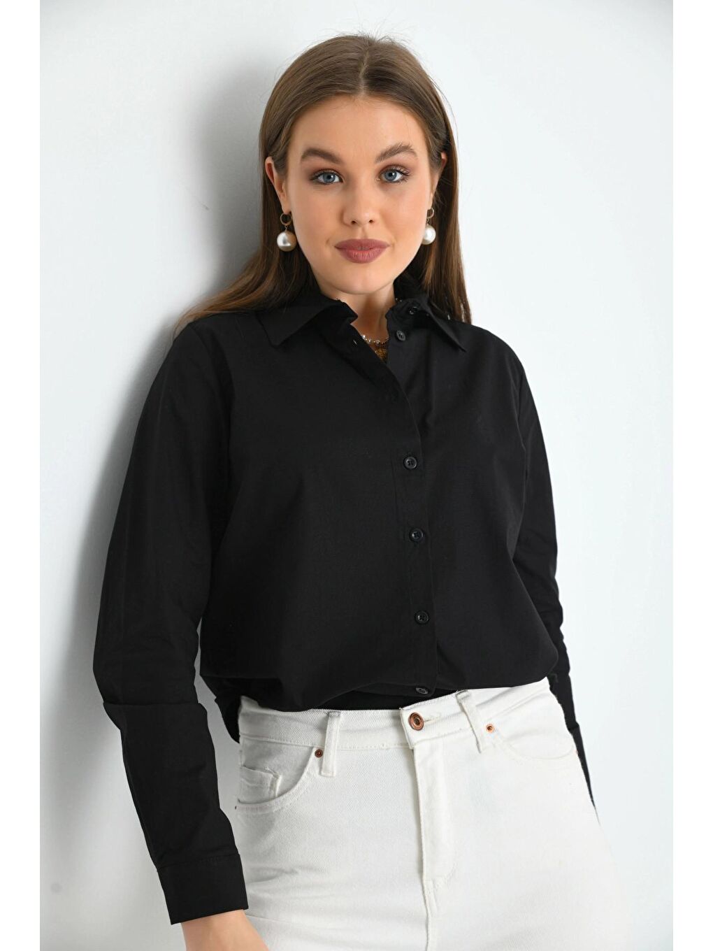 Kadın Siyah Basic Dokuma Gömlek-4