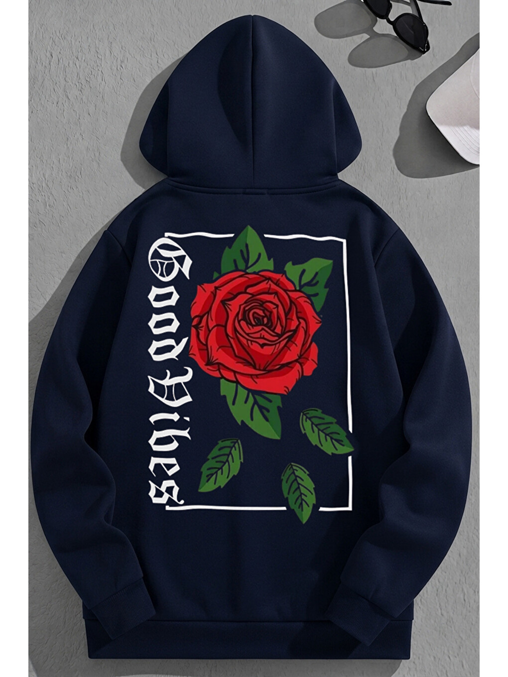 Unisex 3 İplik Pamuklu Lacivert Goodvibesrose Baskı Bol Kalıp Sweatshirt Hoodie