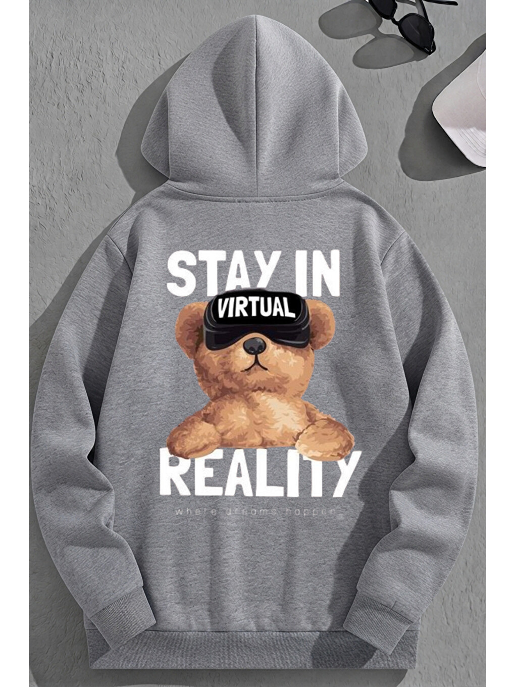 Unisex 3 İplik Pamuklu Gri Stayın Baskı Bol Kalıp Sweatshirt Hoodie