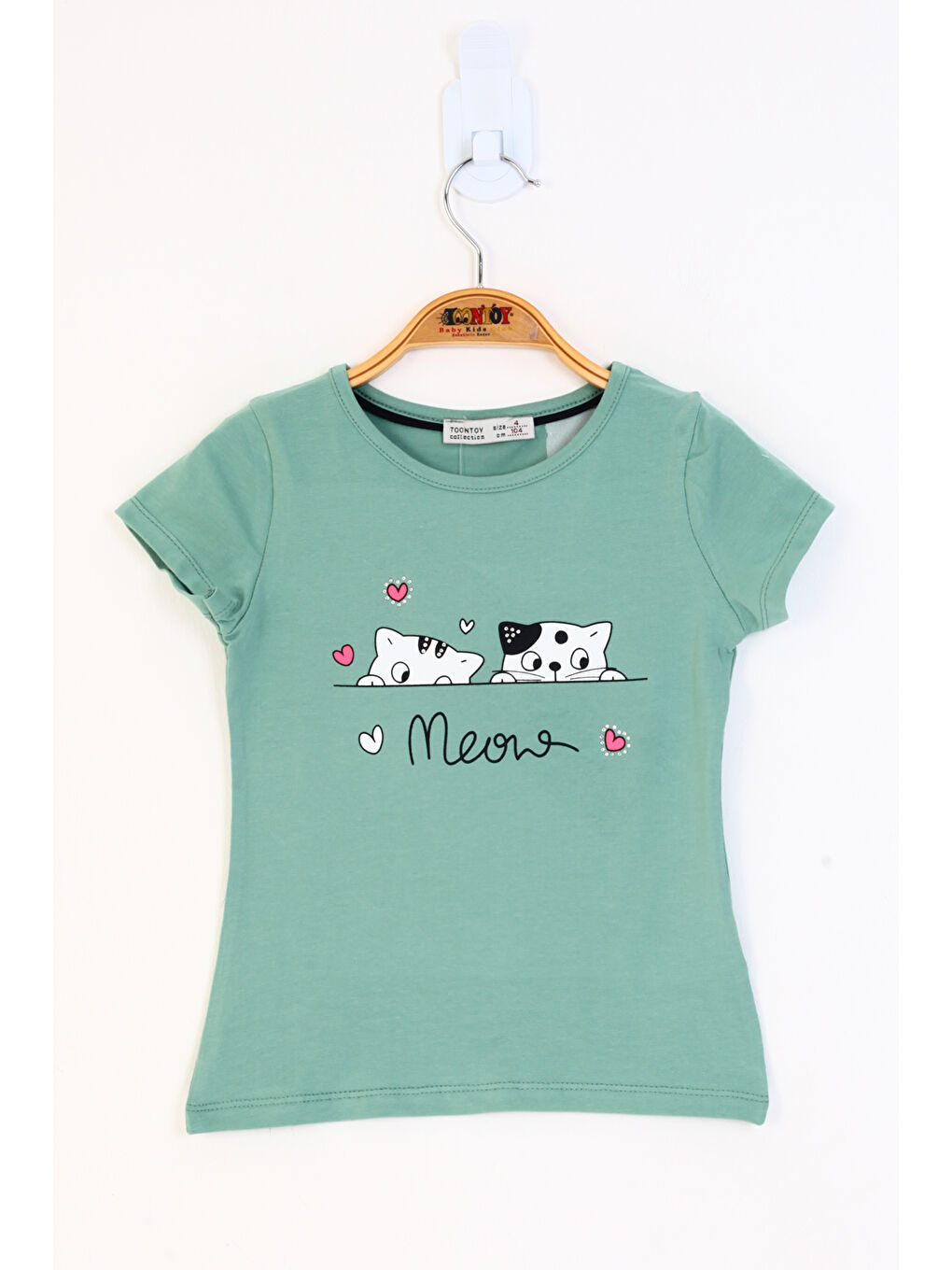 Yeşil Kız Çocuk Kedi Baskılı Tişört