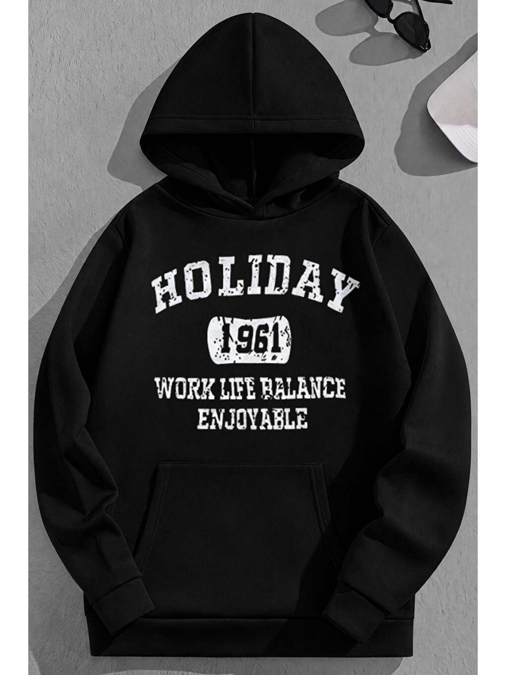 Unisex 3 İplik Pamuklu Siyah Holiday Baskı Bol Kalıp Sweatshirt Hoodie
