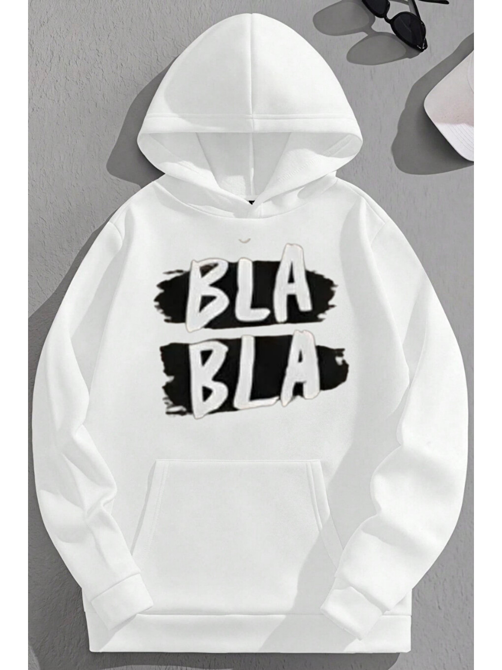 Unisex 3 İplik Pamuklu Beyaz Blabla Baskı Bol Kalıp Sweatshirt Hoodie