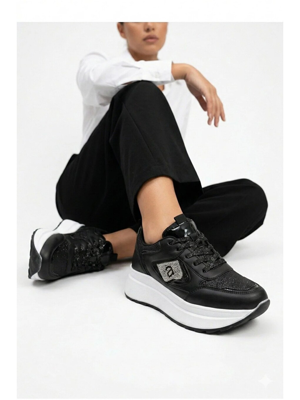 Siyah Taşlı Işıltılı Trend 5 Cm Platform Kadın Sneaker Kalın Taban Spor Ayakkabı-2