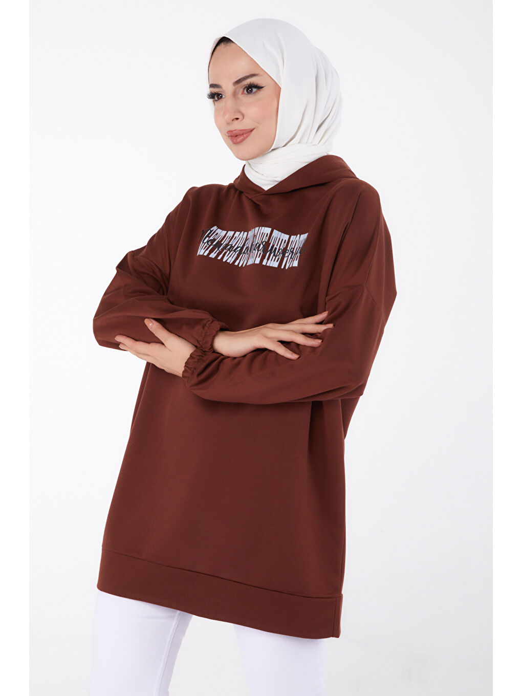 TOFİSA Kahverengi Düz Kapüşonlu Yaka Kadın Kahve Baskılı Sweatshirt   13334