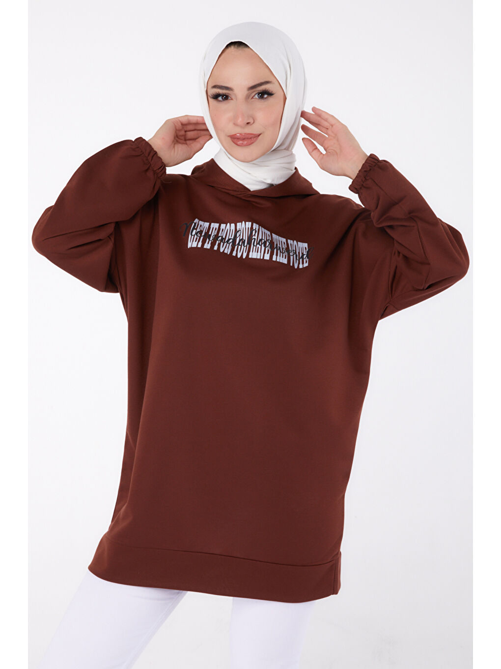 TOFİSA Kahverengi Düz Kapüşonlu Yaka Kadın Kahve Baskılı Sweatshirt   13334 - 1