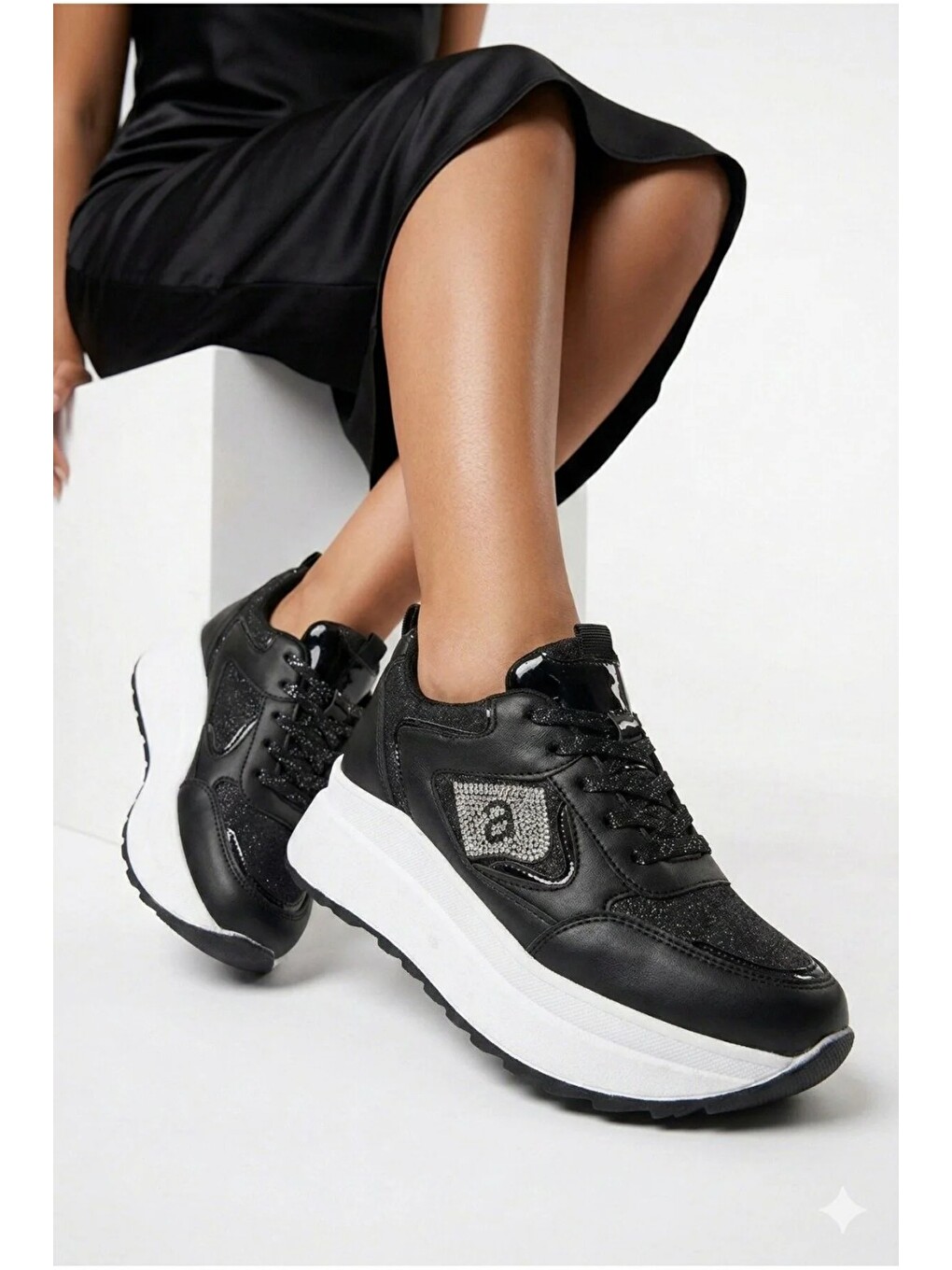 Siyah Taşlı Işıltılı Trend 5 Cm Platform Kadın Sneaker Kalın Taban Spor Ayakkabı-3