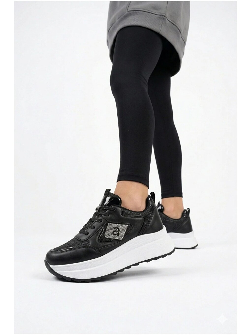 Siyah Taşlı Işıltılı Trend 5 Cm Platform Kadın Sneaker Kalın Taban Spor Ayakkabı-4
