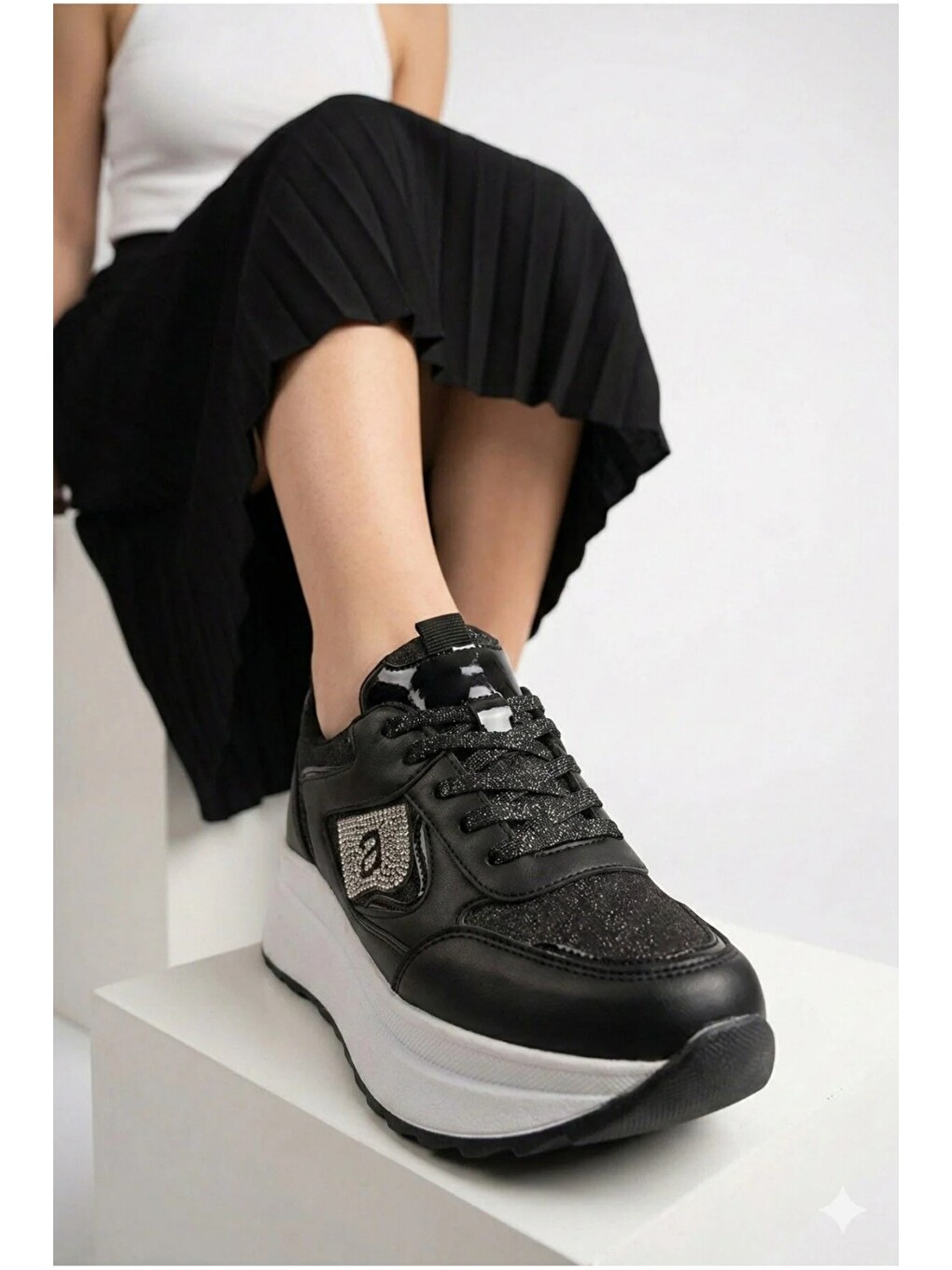 Siyah Taşlı Işıltılı Trend 5 Cm Platform Kadın Sneaker Kalın Taban Spor Ayakkabı-5